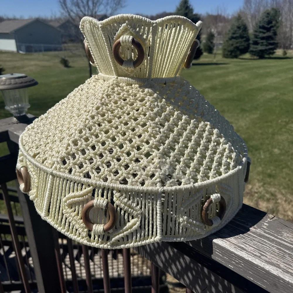 Large Vintage Macrame Hanging Swag Lamp Shade Only Ivory Wood 70s Boho Handmade